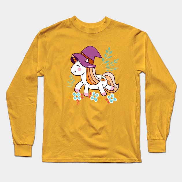 Cute Unicorn Animals Flower Long Sleeve T-Shirt by JeffDesign